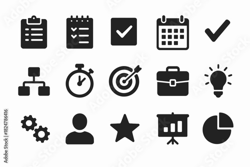 Set of minimalist business and productivity icons in black and white