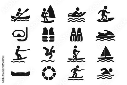 Water sports icons collection: kayak, surfing, sailing, diving, jet ski