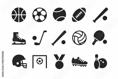 Silhouette icons of various sports equipment including basketball, soccer, tennis, and more