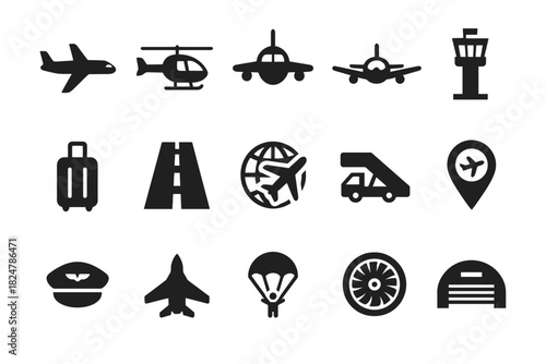 Aviation icons set featuring aircraft, helicopter, and airport symbols