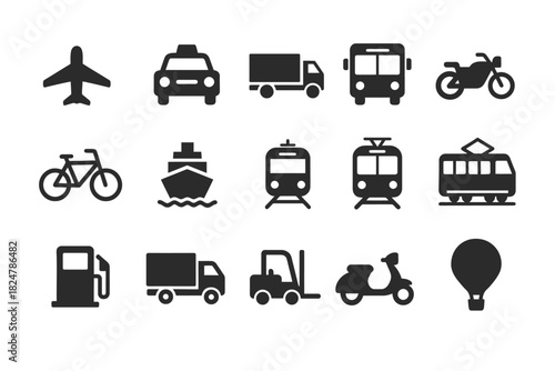 Transportation icons set: airplane, car, truck, bus, bicycle, ship, train
