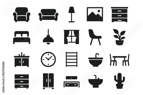 Set of furniture and home decor icons in simple black silhouette style