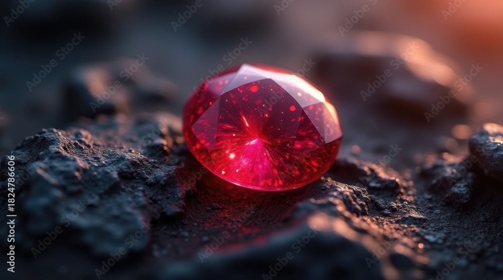 Naklejka premium Red sapphire gemstone sparkling vivid color on dark rock surface soft lighting