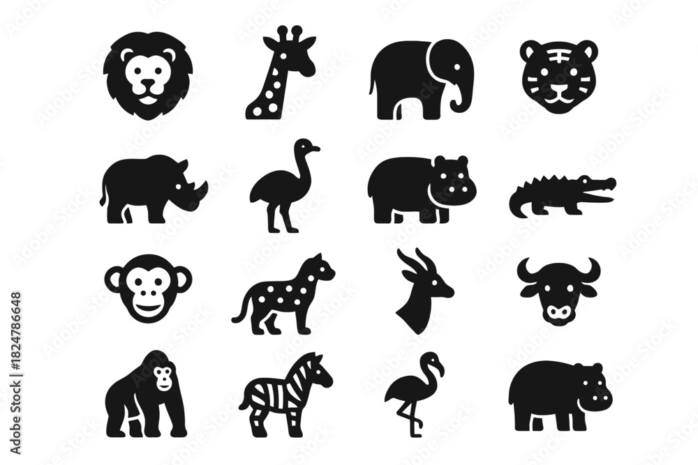 Naklejka premium Silhouette icons of african wildlife animals including lion, elephant, gorilla, zebra, giraffe