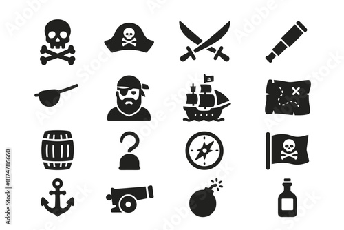 Pirate icon set: skulls, swords, compass, pirate ship, anchor, map, cannon, telescope