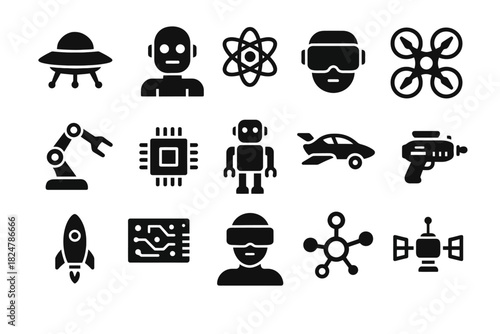 Futuristic technology icons collection: robotics, ai, and space exploration symbols