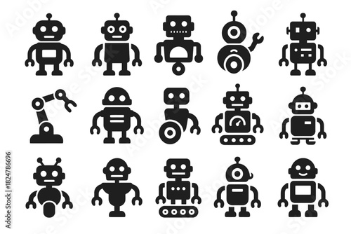 Collection of various cartoon robot icons in different styles and shapes