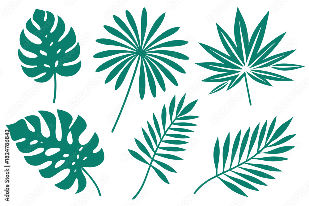 Fototapeta premium Various teal tropical foliage presents a collection of exotic nature and simple shapes on white