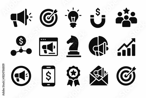 Bold black icons illustrating marketing strategies and business concepts
