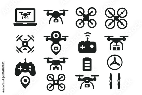 Drone icons set with controllers batteries and propellers in black and white