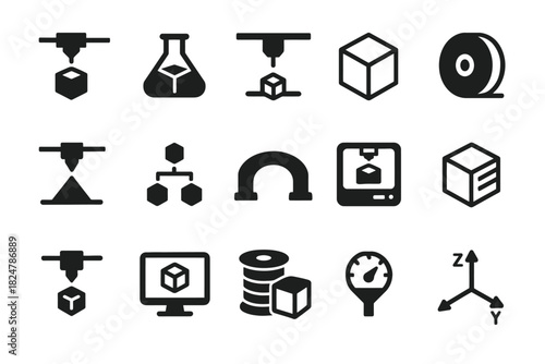 Black and white 3d printing icons: technology, design, and innovation symbols