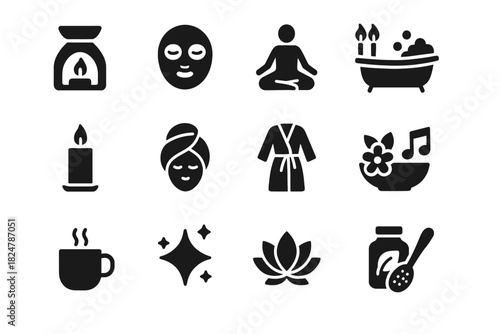 Wellness and relaxation icons: spa, meditation, self-care, candle, tea