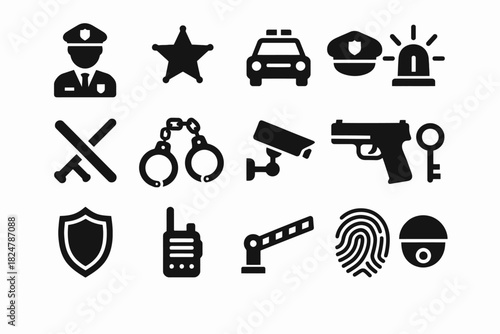 Collection of police and security icons: badge, handcuffs, camera, gun, shield