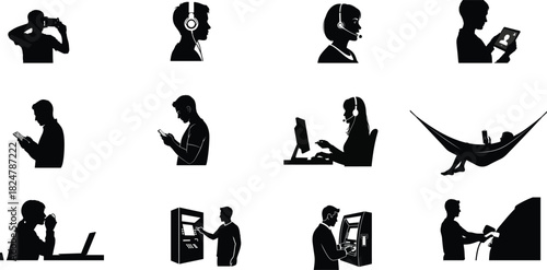 Silhouettes of people using technology in various situations and poses