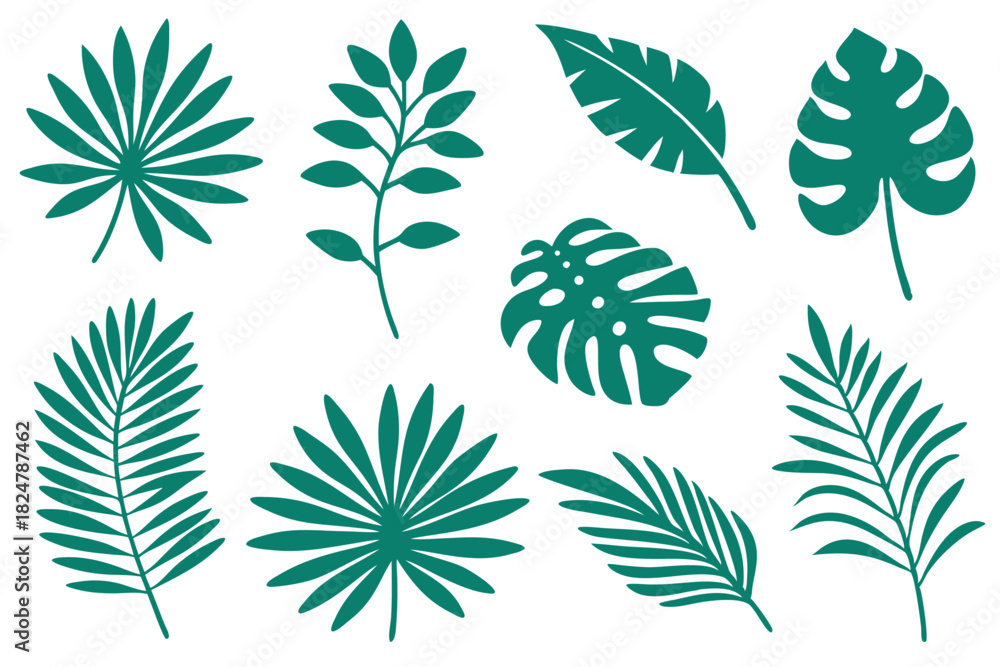 Fototapeta premium Tropical leaf collection features various palm, monstera, and leafy branch plant silhouettes in green