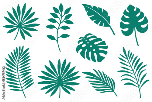 Tropical leaf collection features various palm, monstera, and leafy branch plant silhouettes in green