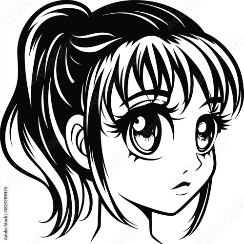 Monochromatic anime girl with striking, detailed eyes peers slightly leftward, with her hair in a high ponytail