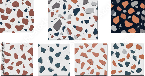 Seven square terrazzo tile samples with different color combinations shown