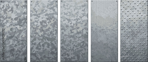 Five metal panels with different textures and patterns on a white background