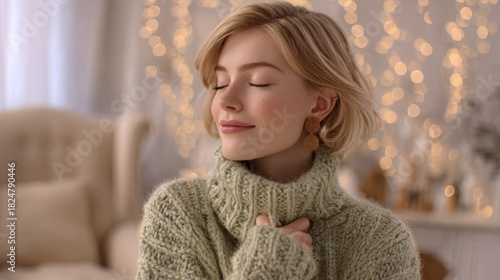 Young blonde woman in cozy green sweater with eyes closed and gentle smile, surrounded by warm bokeh lights