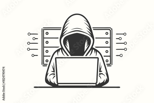The hooded silhouette operates a laptop before server panels in monochrome style
