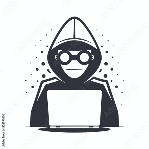 Monochromatic hooded figure works at laptop with eyewear amidst scattered dots on white
