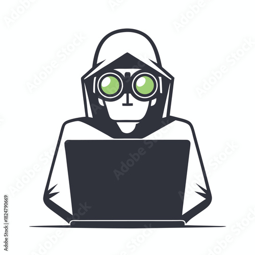 Hooded person with greenlensed goggles is staring at a laptop computer screen