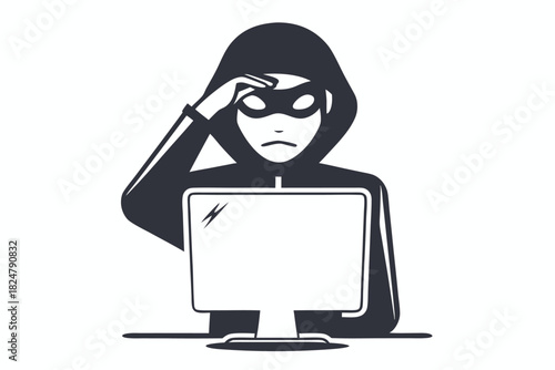 Masked villain in a hooded jacket is contemplating a computer screen, hand to head