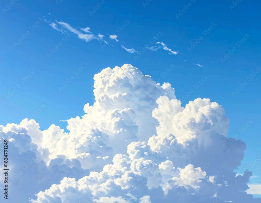 Naklejka premium Majestic cumulus clouds float in a serene blue sky, creating a peaceful vista