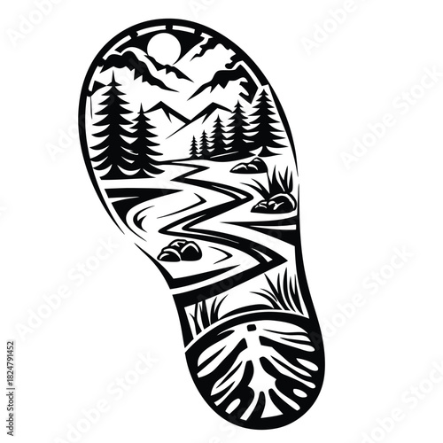 Mountain scenery is artfully displayed within silhouette of two walking boot prints