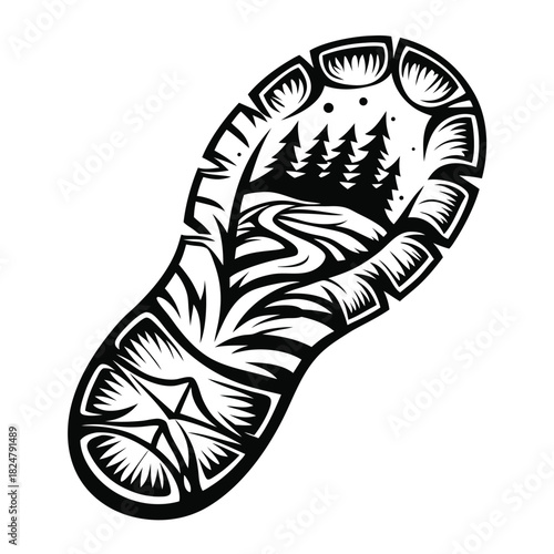 Shoe print showcases a nature with mountain, river, and forest within its intricate design