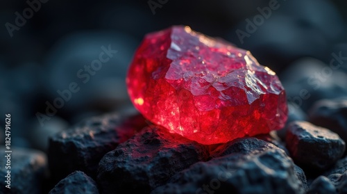 Vivid red sapphire crystal on rough dark rock with gentle soft light illumination