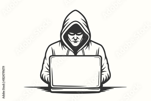 Outlined man wearing hoodie focused on laptop stands ready in the shadows