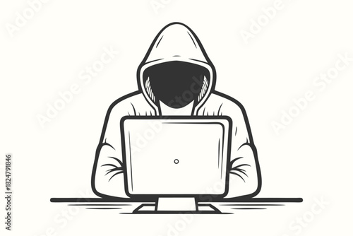 Silhouette person in hoodie works on laptop computer, creating a monochrome hacker aesthetic
