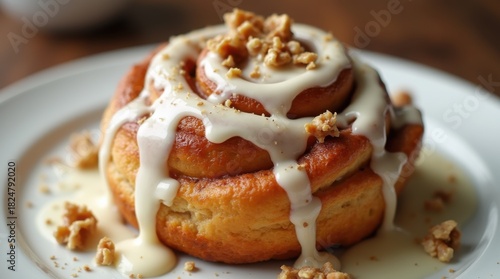 Warm cinnamon roll with melting cream glaze and walnut crunch