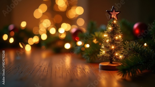 Cozy Christmas tree warm fairy lights blurred home interior wooden desk