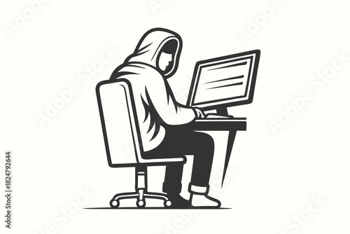 Silhouette shows anonymous hooded coder typing on computer at desk in monochrome