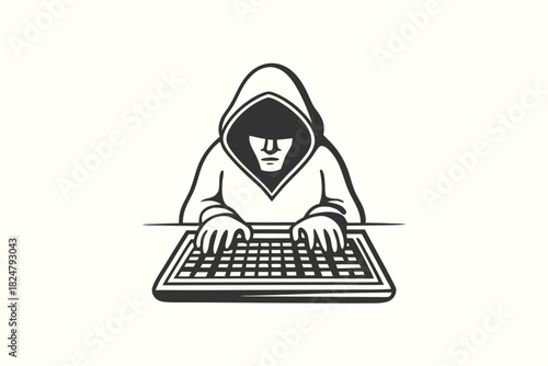 Mysterious hooded character types aggressively on a keyboard, focusing intensely with great digital dexterity