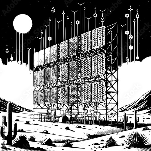 Atmospheric water harvesting showing moisture capture technology from air for desert water generation and water scarcity solution

