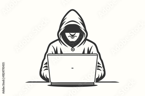 Man in a hoodie sits at a laptop with partially concealed face emblem
