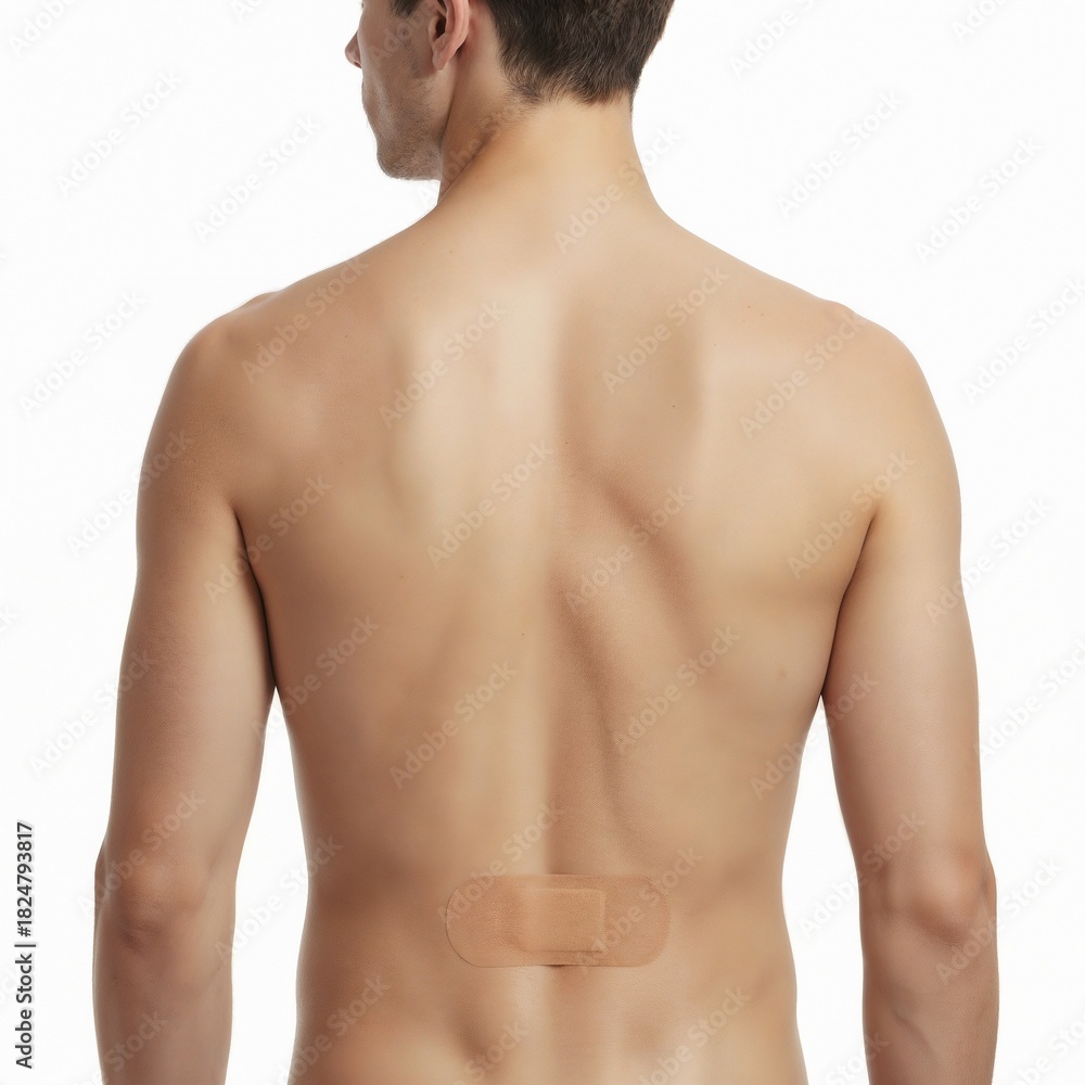 Fototapeta premium Man's back with adhesive bandage on the lower back, healing mood, neutral background copy space