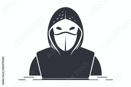 Person wearing mask inside laptop displays monochrome cybersecurity theme
