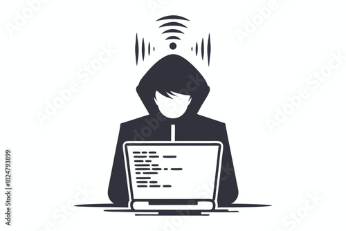 Silhouette of hooded figure uses a laptop amidst radiating signals to access sensitive data
