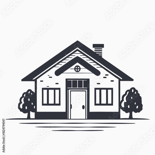 Monochrome house stands with trees aside a gable roof and a small chimney