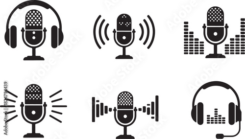 Microphone and headphones podcast, voice, recording, and more icon set vector eps