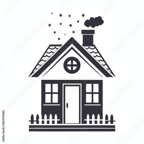 Isolated black and white house emits smoke amidst stars, with a white background