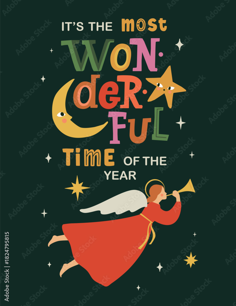 Obraz premium Christmas card, Flying Christmas Angel with Horn