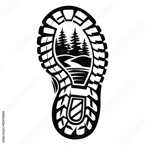 Mountain landscape is captured inside a footprint showing outdoor exploration adventure and nature's beauty