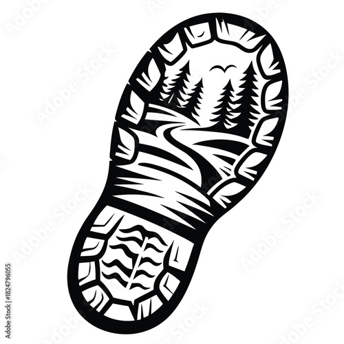 Sole print shows a road and trees, suggesting outdoor paths and nature's allure