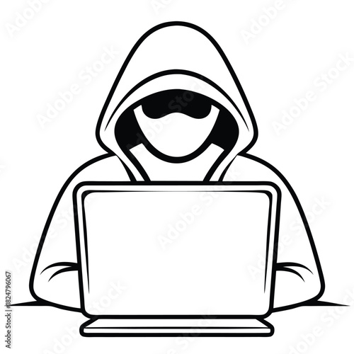 Silhouette figure with a hoodie using a laptop in monochrome defines anonymity visually